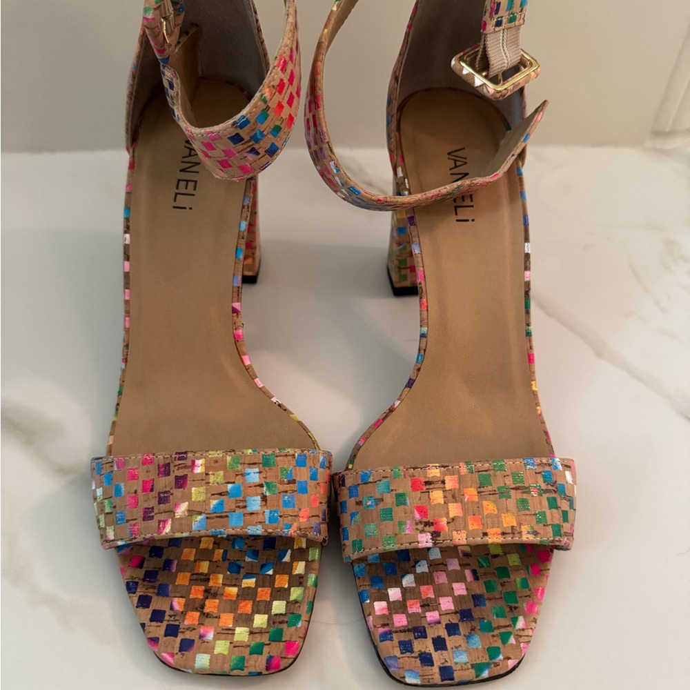 VAN ELi Fun Rainbow Cork Strappy Block Heels Size 8.5, Like New